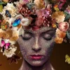 Glasschilderij Dame met bloemen en glitters 080120-432