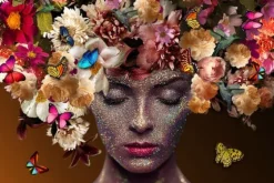 Glasschilderij Dame met bloemen en glitters 080120-432